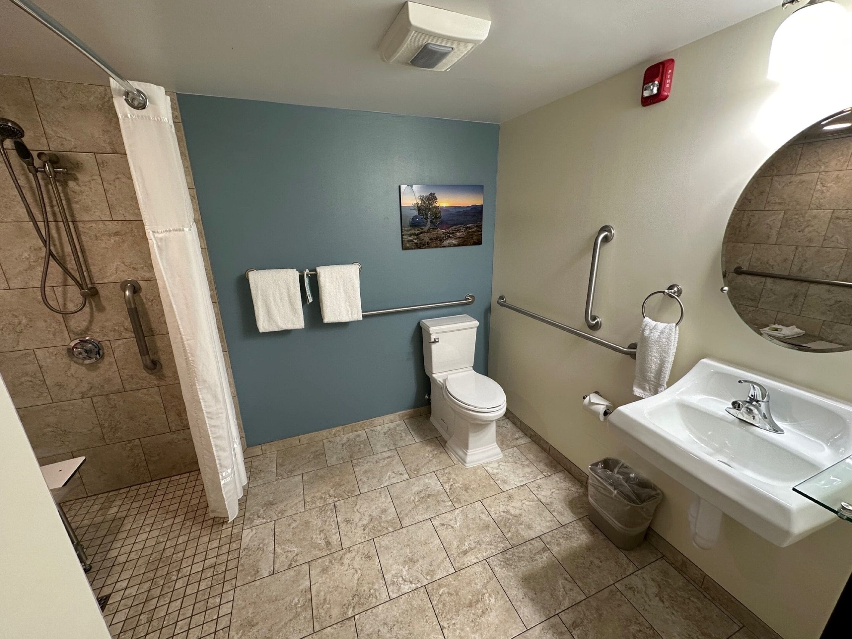 Une salle de bain équipée de toilettes, d’un lavabo et d’une douche. On y trouve des barres d’appui, un porte-serviettes et un tableau accroché au mur.