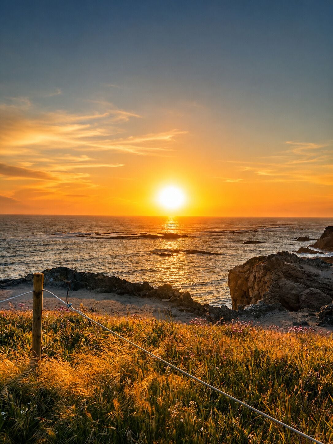 Un atardecer sobre un paisaje costero con un litoral rocoso y un primer plano cubierto de hierba.