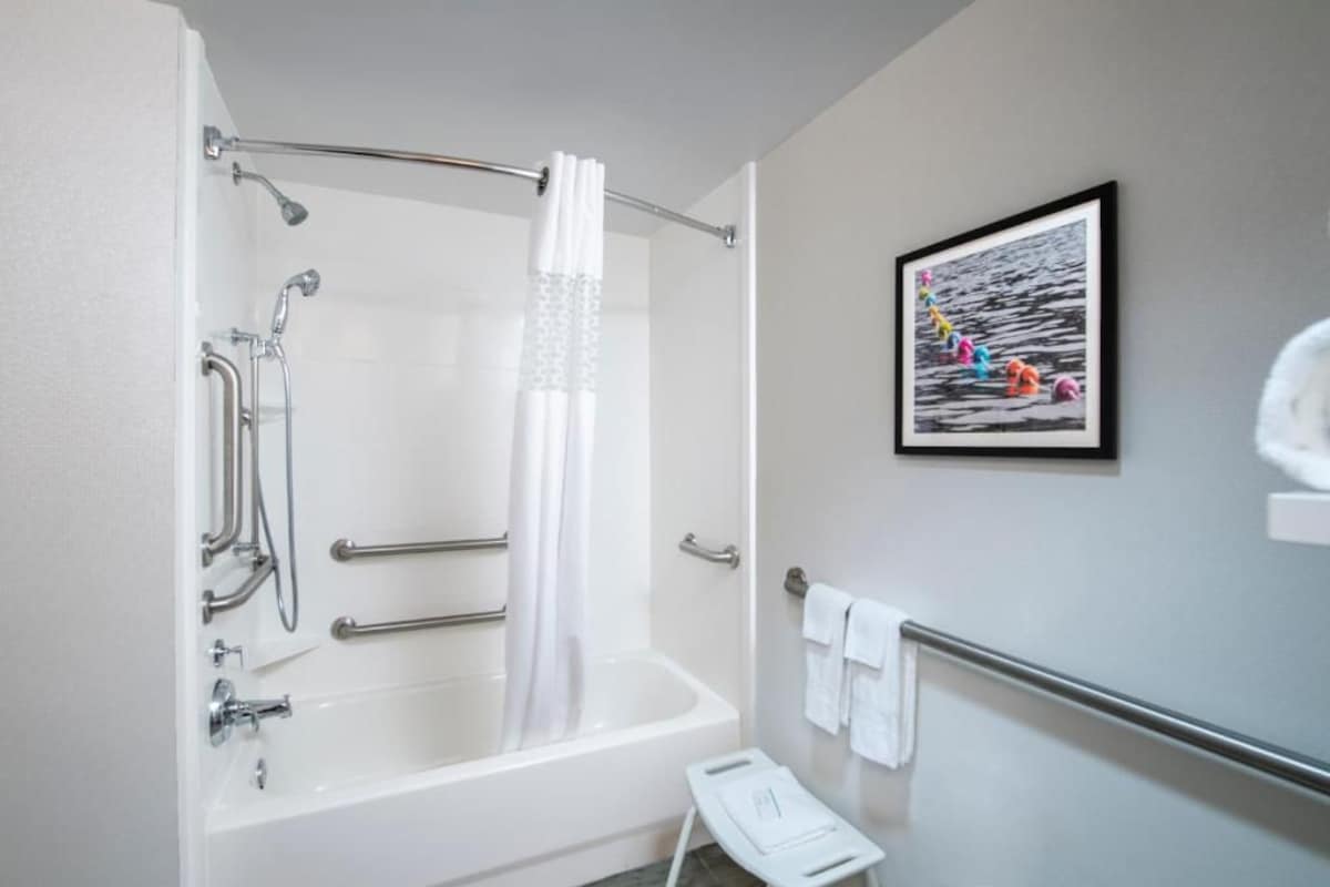 Baño con bañera, ducha y barras de apoyo. Hay un cuadro en la pared.