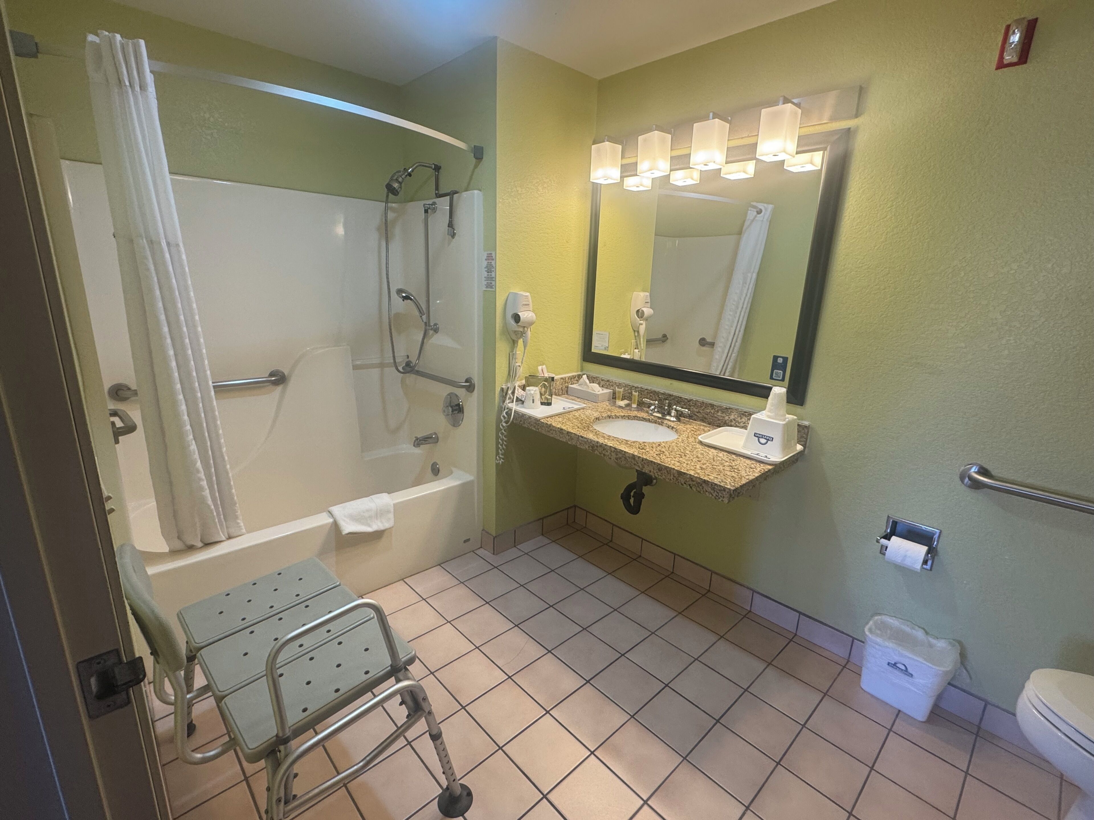 Ein Badezimmer mit Dusche, Waschbecken, Spiegel und einer rollstuhlgerechten Sitzbank.