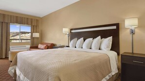 A hotel room with a large bed, two bedside lamps, a nightstand, a chair, and a view of a landscape through a window. - Days Inn by Wyndham Globe (Globe)