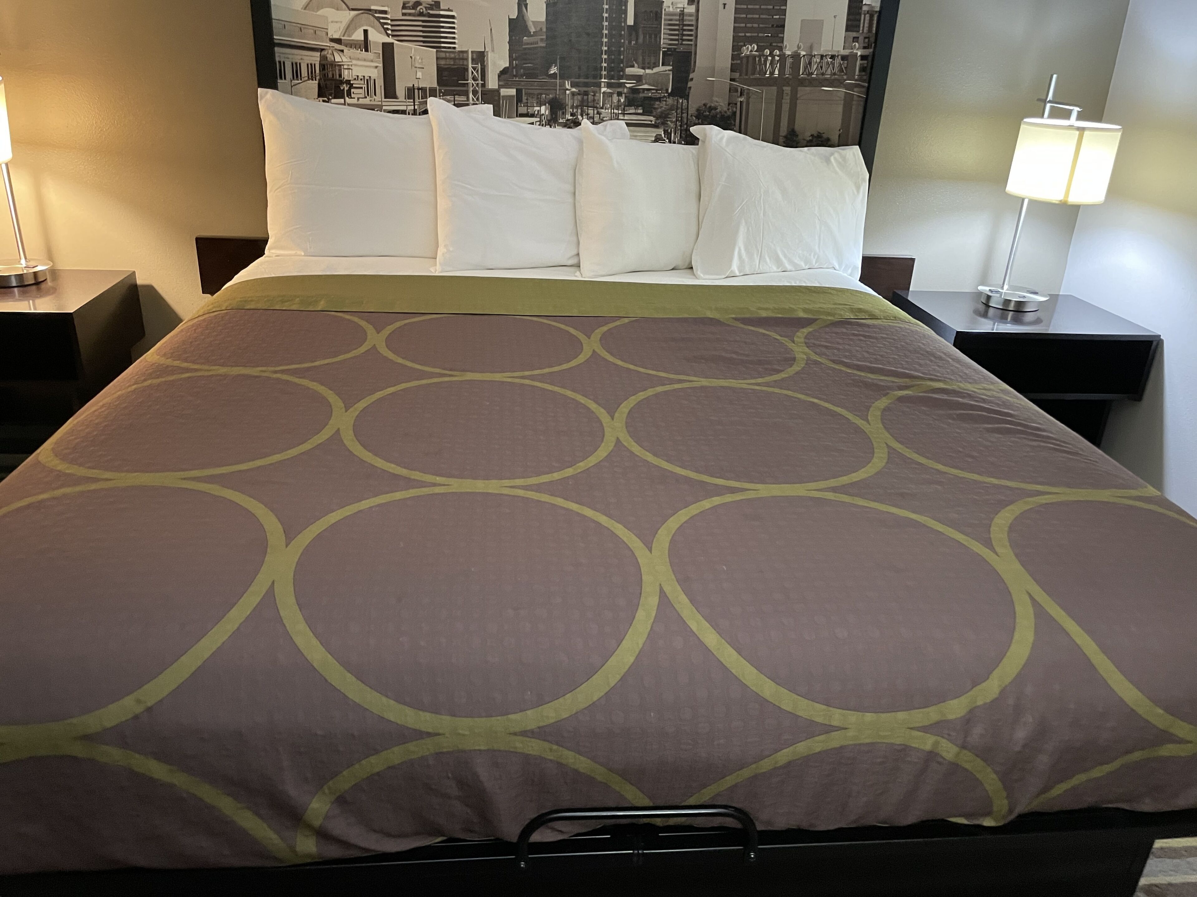 A hotel room with a bed, pillows, a nightstand, a lamp, and a cityscape view.