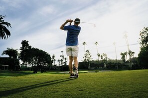 A person playing golf on a course with trees and a clear sky. - Guesthouse Hotel at La Valle (Rancho Santa Fe)