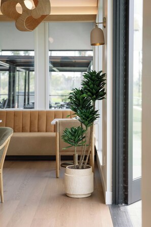 A modern interior with a sofa, a potted plant, a hanging light fixture, and a sliding glass door.