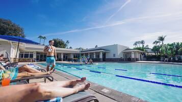 Zona de piscina con sillones de descanso, una piscina con separadores de carril y palmeras al fondo.