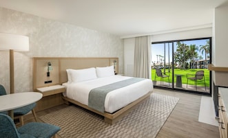Een hotelkamer met een bed, een bureau, een stoel en uitzicht op een groen gazon en gebouwen.