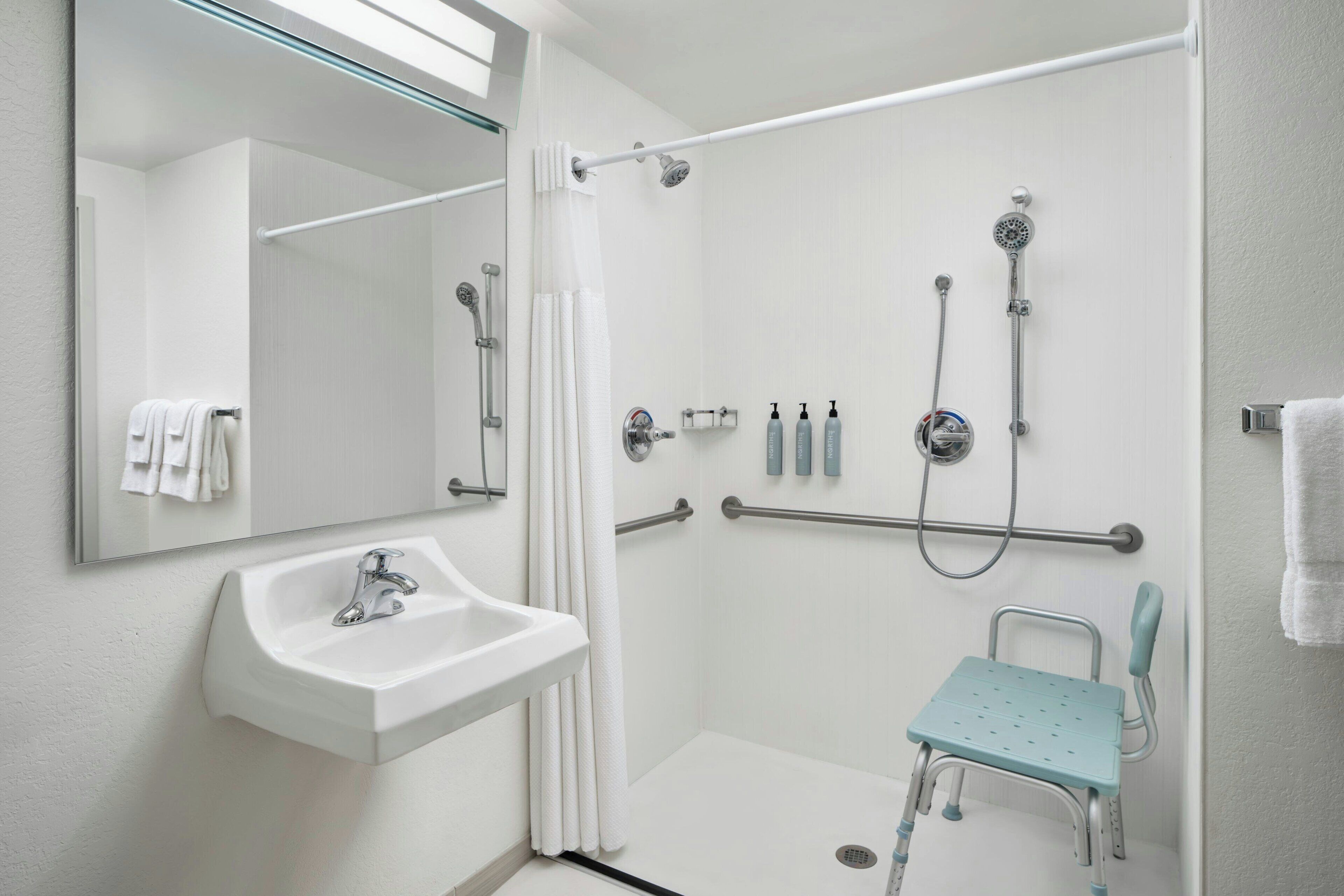 room, 1 king bed (mobility/hearing access, roll-in shwr) | bathroom | combined shower/bathtub, free toiletries, hair dryer, towels