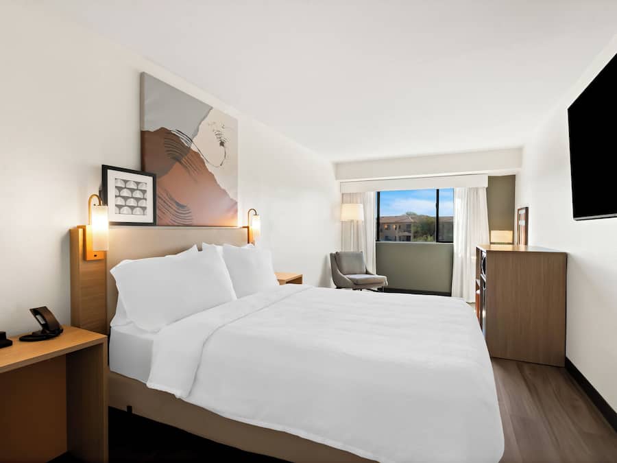 Habitación de hotel con una cama grande, un escritorio con teléfono, una silla, una lámpara de escritorio, un cuadro y vistas al exterior.