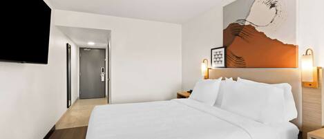 Habitación de hotel con una cama, un televisor de pantalla plana en la pared, un cuadro sobre la cama y una puerta que da a otra habitación.