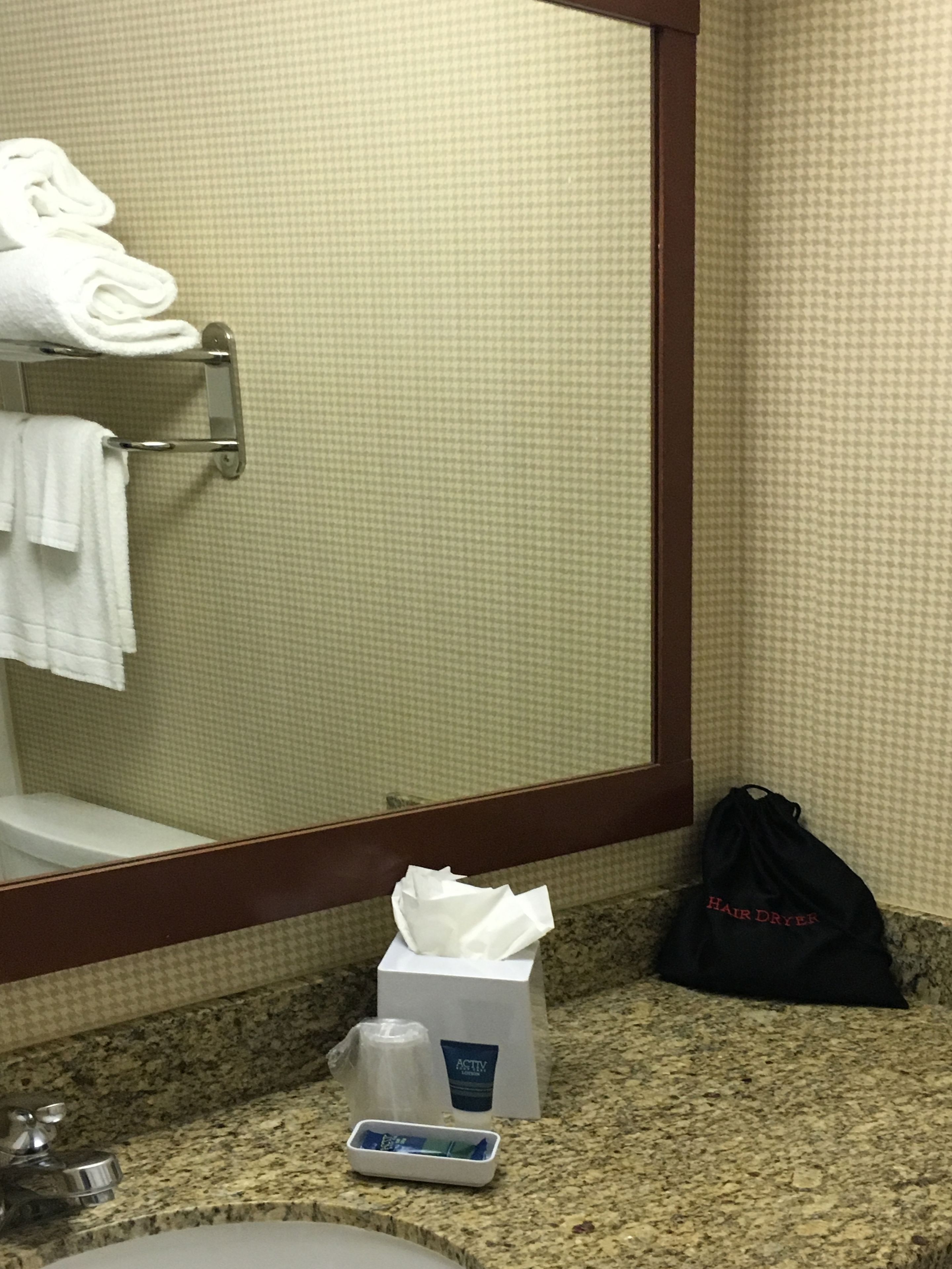 Combined shower/tub, free toiletries, hair dryer, towels