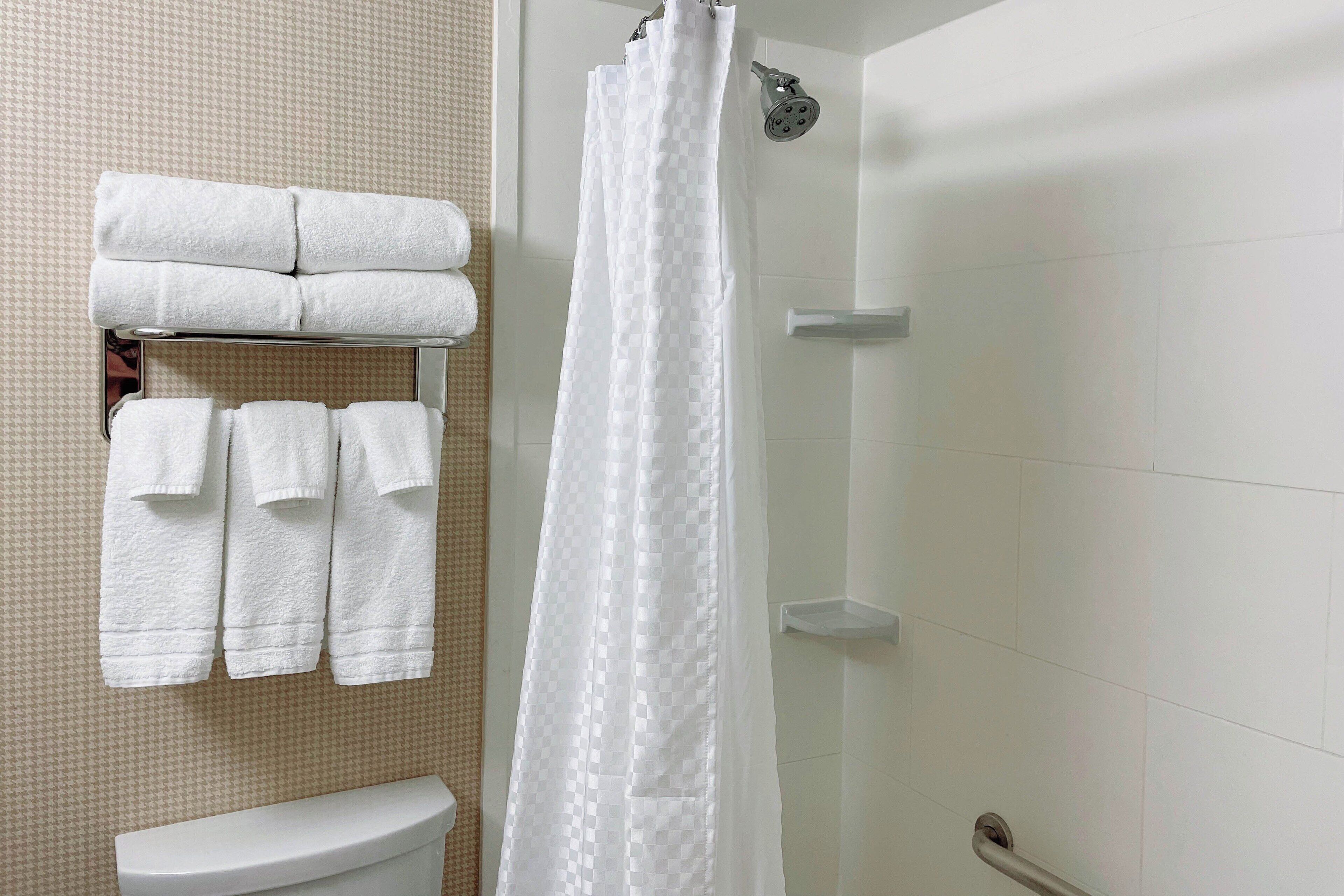 combined shower/bathtub, free toiletries, hair dryer, towels