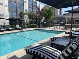 Outdoor pool, open 8:00 AM to 10:00 PM, pool umbrellas, sun loungers