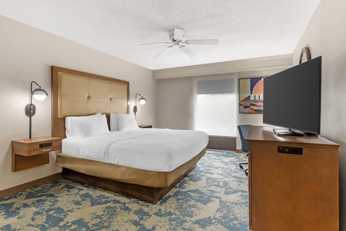 A hotel room with a bed, bedside lamps, a ceiling fan, a TV, and a desk.