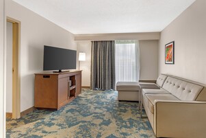 Una habitación de hotel con televisión, sofá y un ventanal con cortinas.
