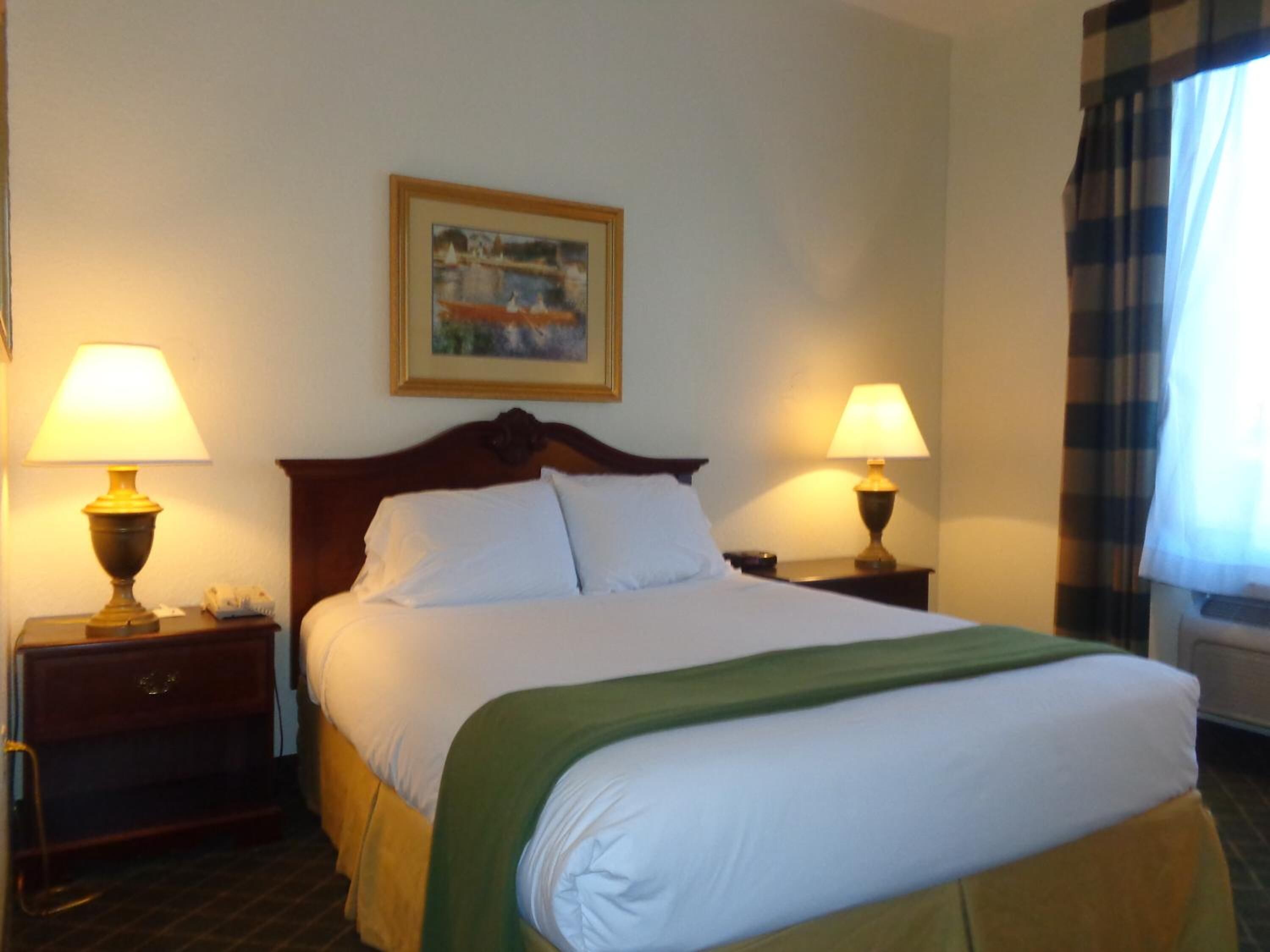 Habitación de hotel con una cama grande, dos lámparas de noche, un cuadro en la pared y una ventana con cortinas.