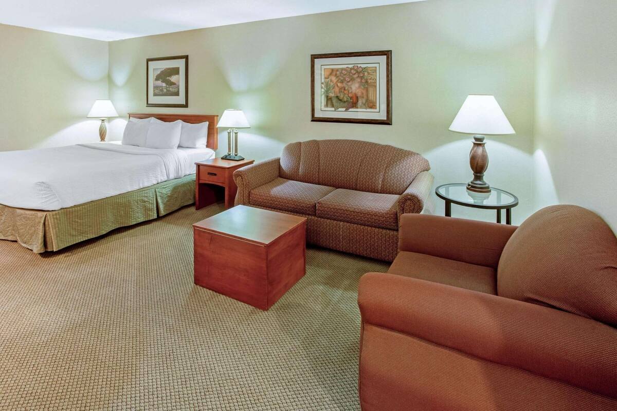 A hotel room with a bed, two sofas, a coffee table, and two lamps.
