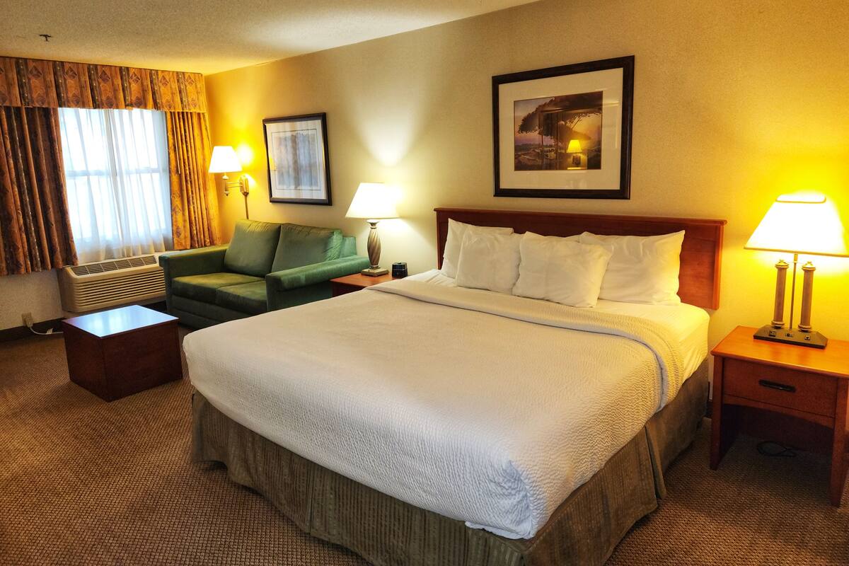 A hotel room with a large bed, a green armchair, two bedside lamps, a framed picture on the wall, and a window with curtains.