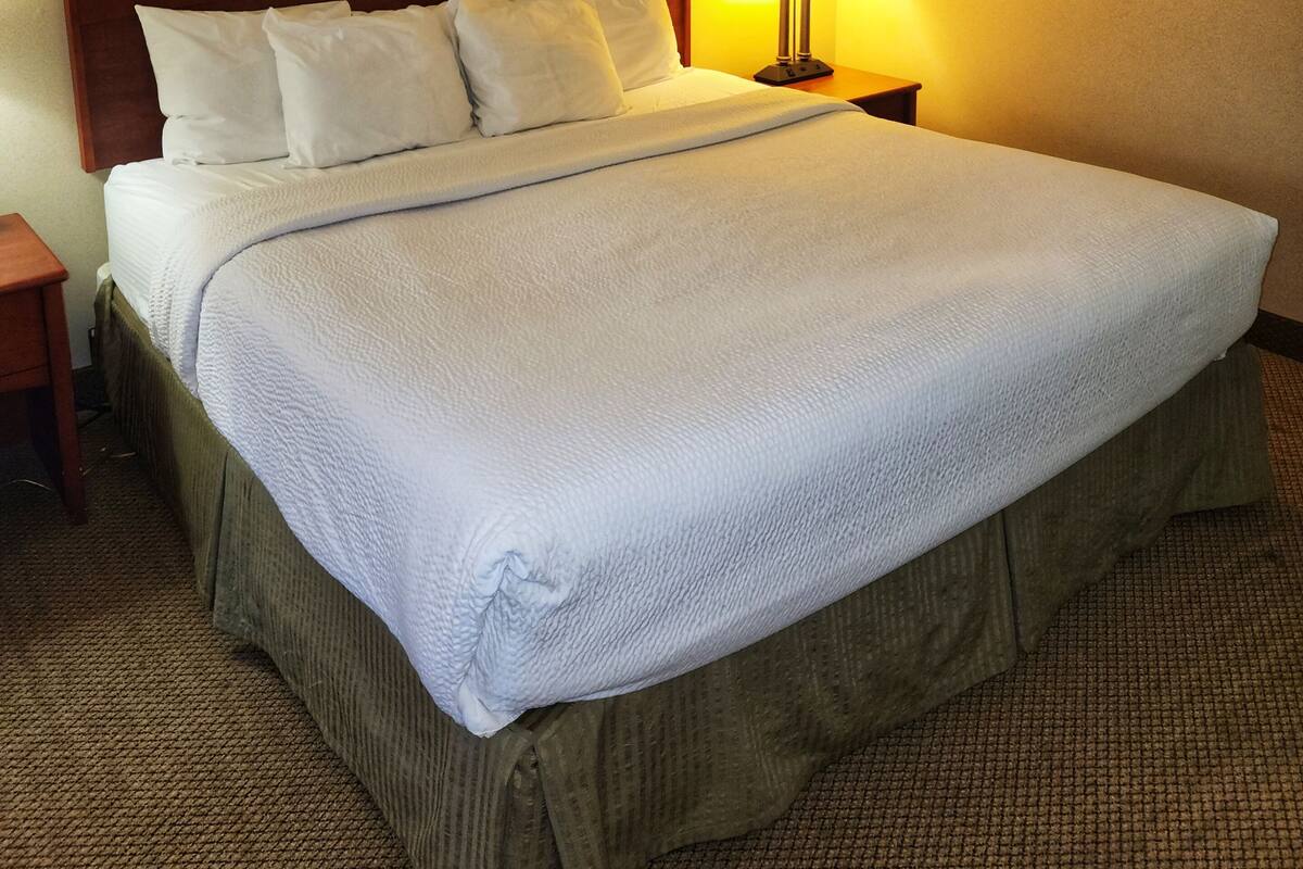 A neatly made bed with white linens, a framed picture on the wall, and a bedside lamp.