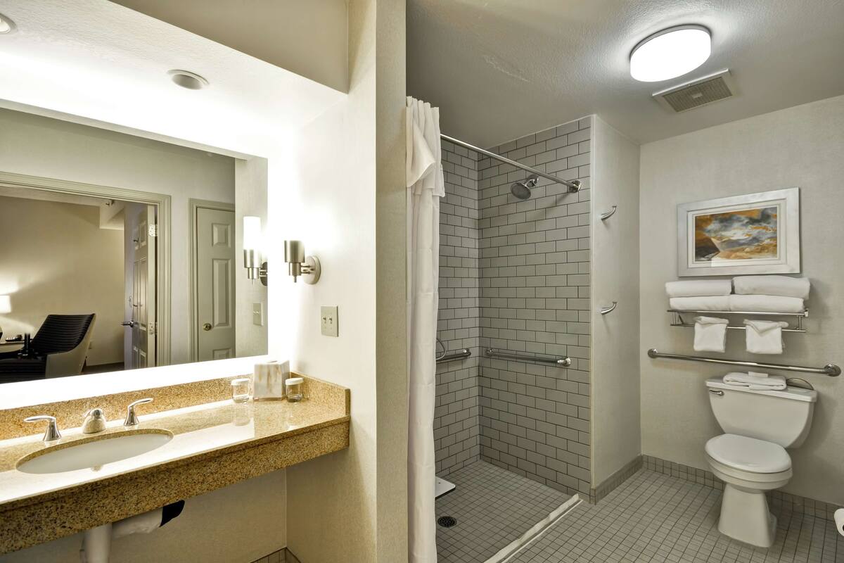 A bathroom with a sink, toilet, shower, and a framed picture on the wall.