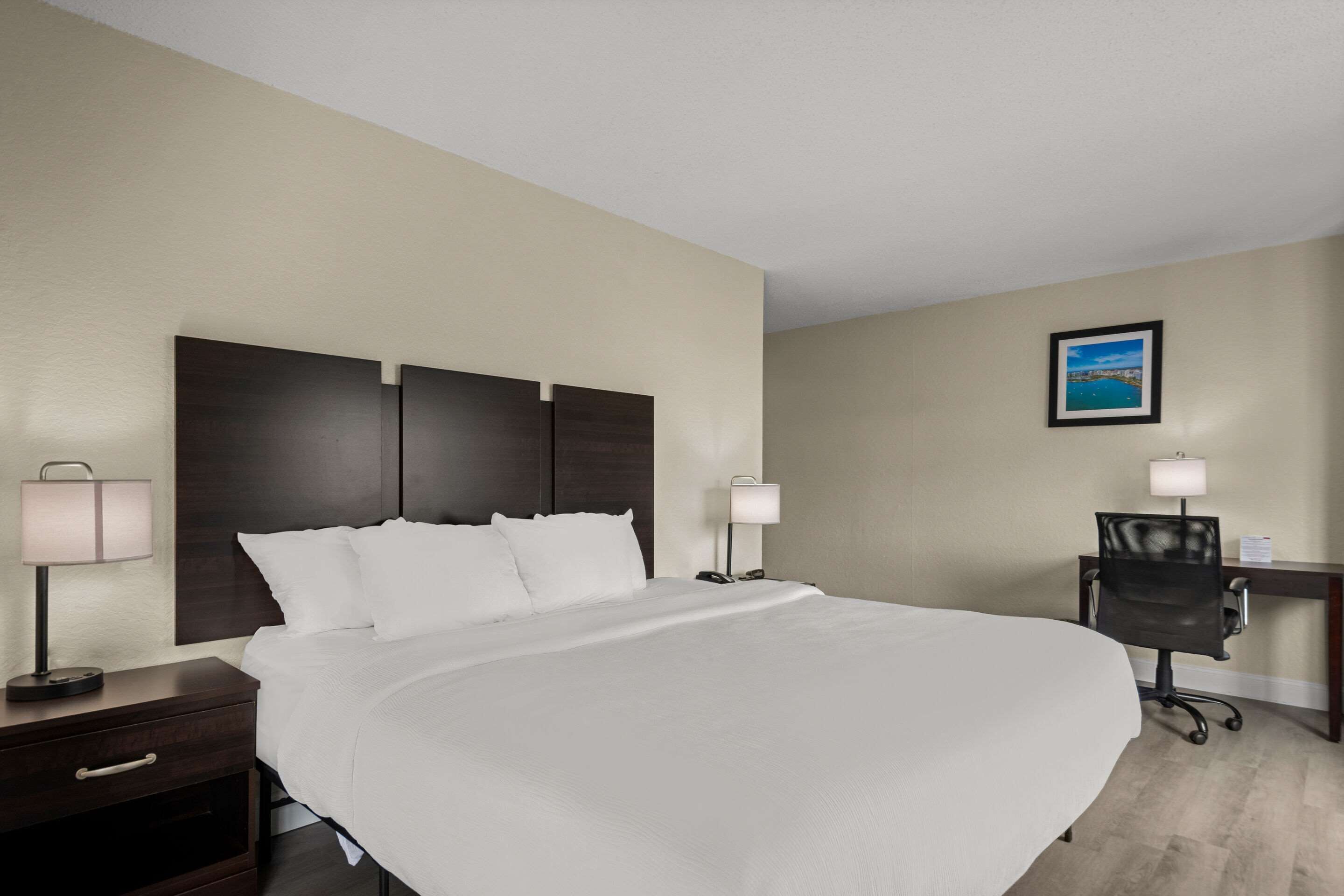 Habitación de hotel con una cama grande, dos mesitas de noche con lámparas, un escritorio con silla e imagen enmarcada en la pared.