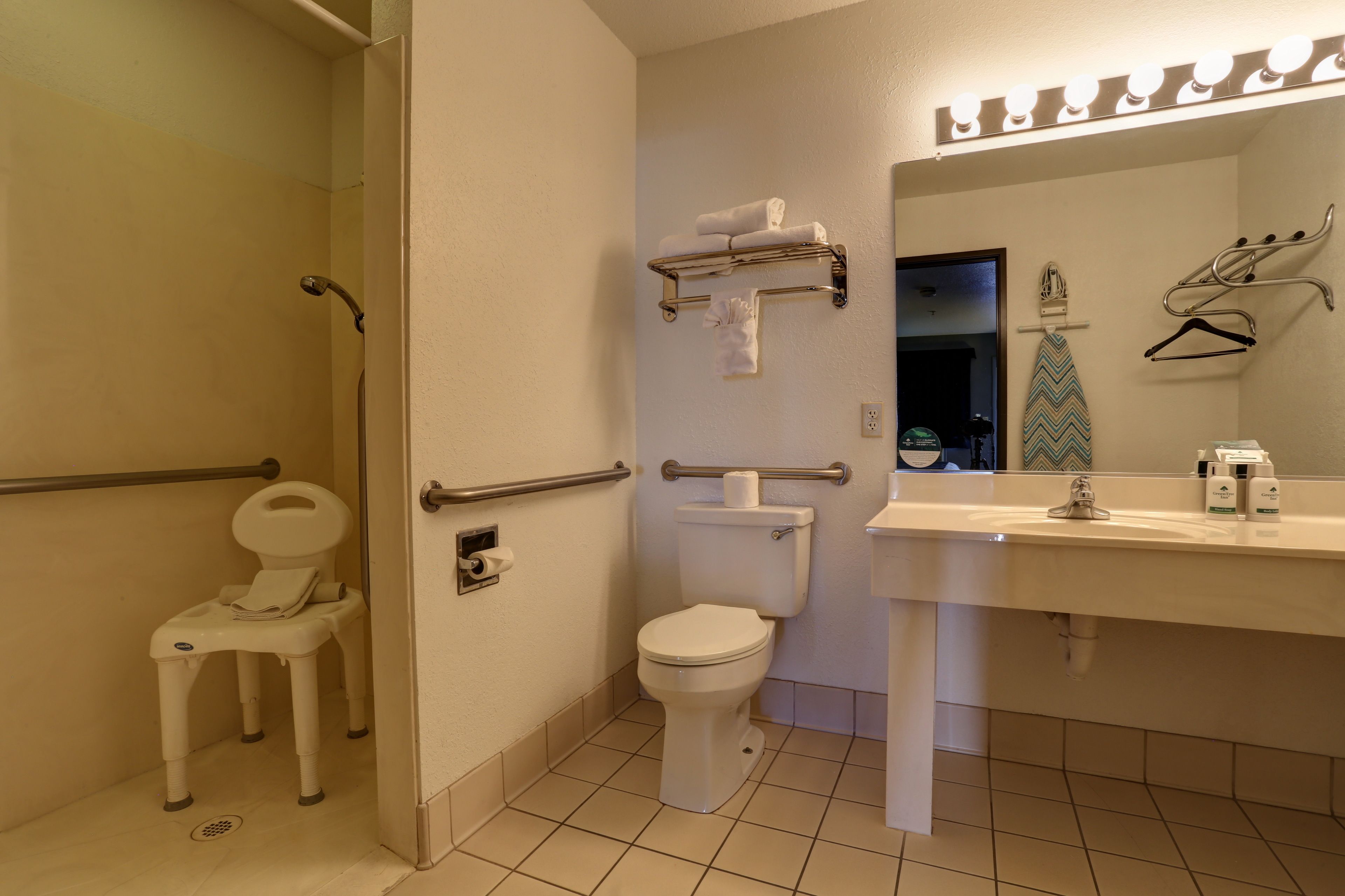 A bathroom with a toilet, a sink, a mirror, and a shower area.