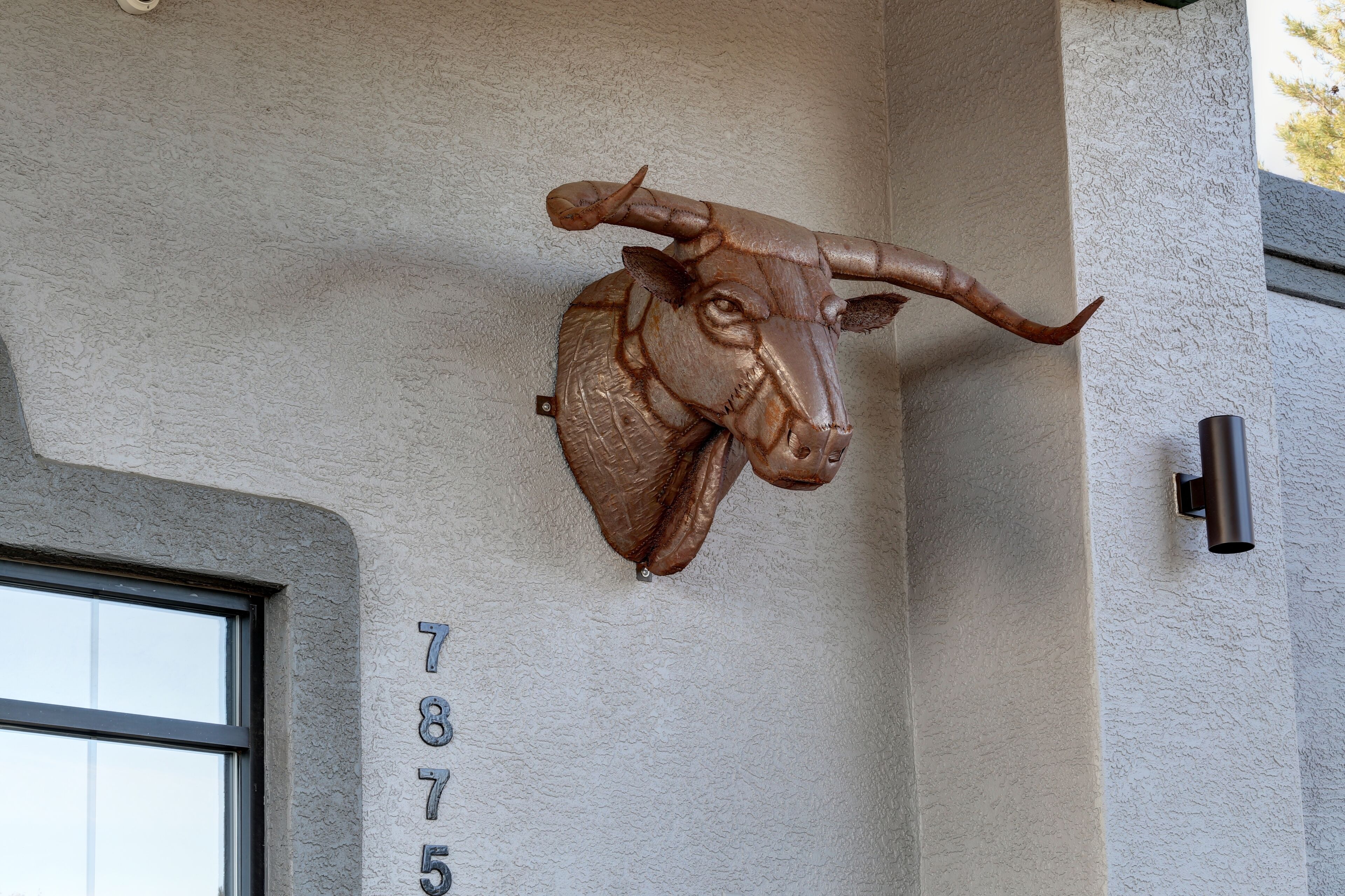 A bull's head mounted on a textured wall, with a door and a number '7875' visible.