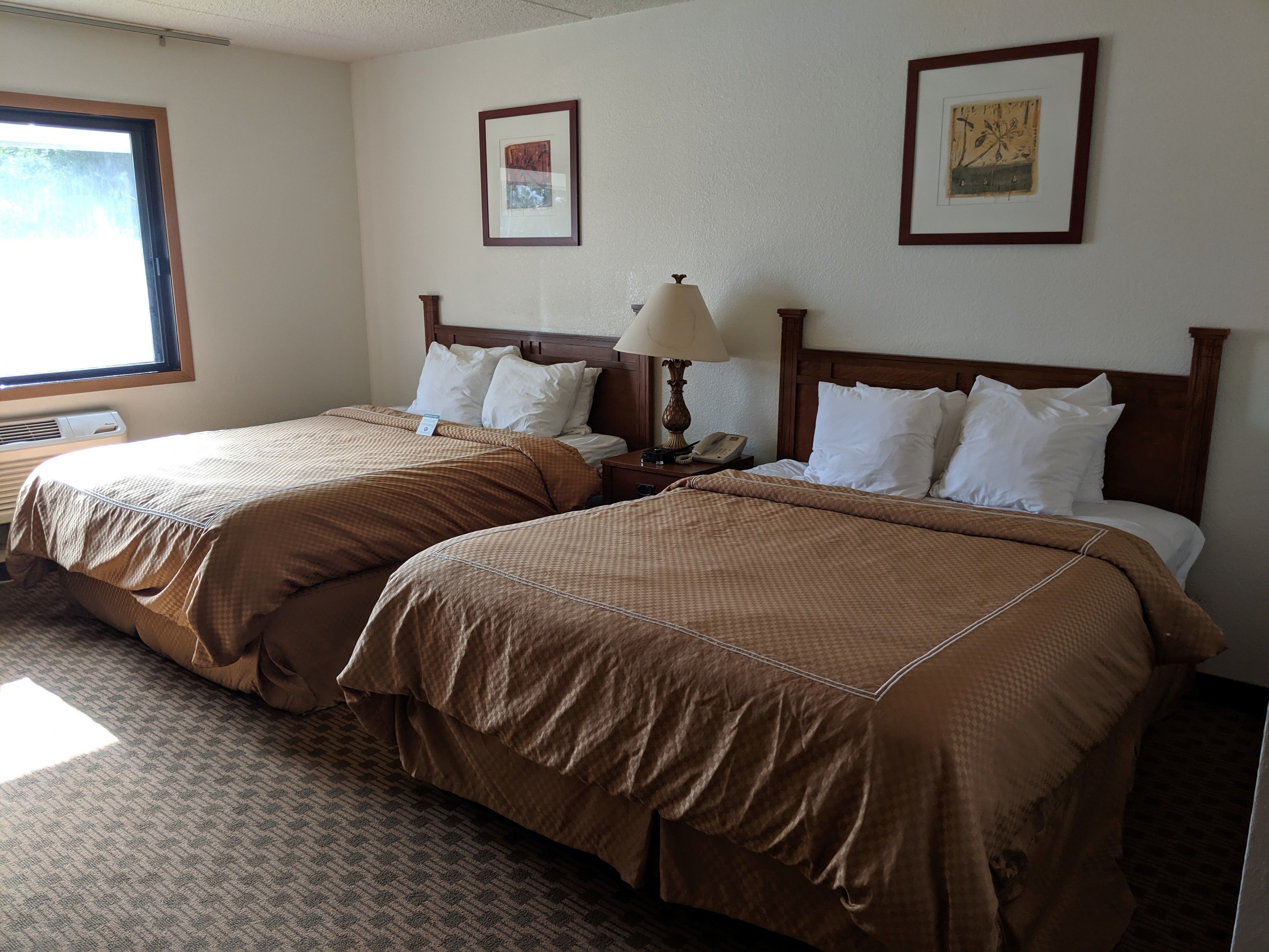 A hotel room with two beds, each with brown bedding, a nightstand with a lamp, and framed pictures on the wall.