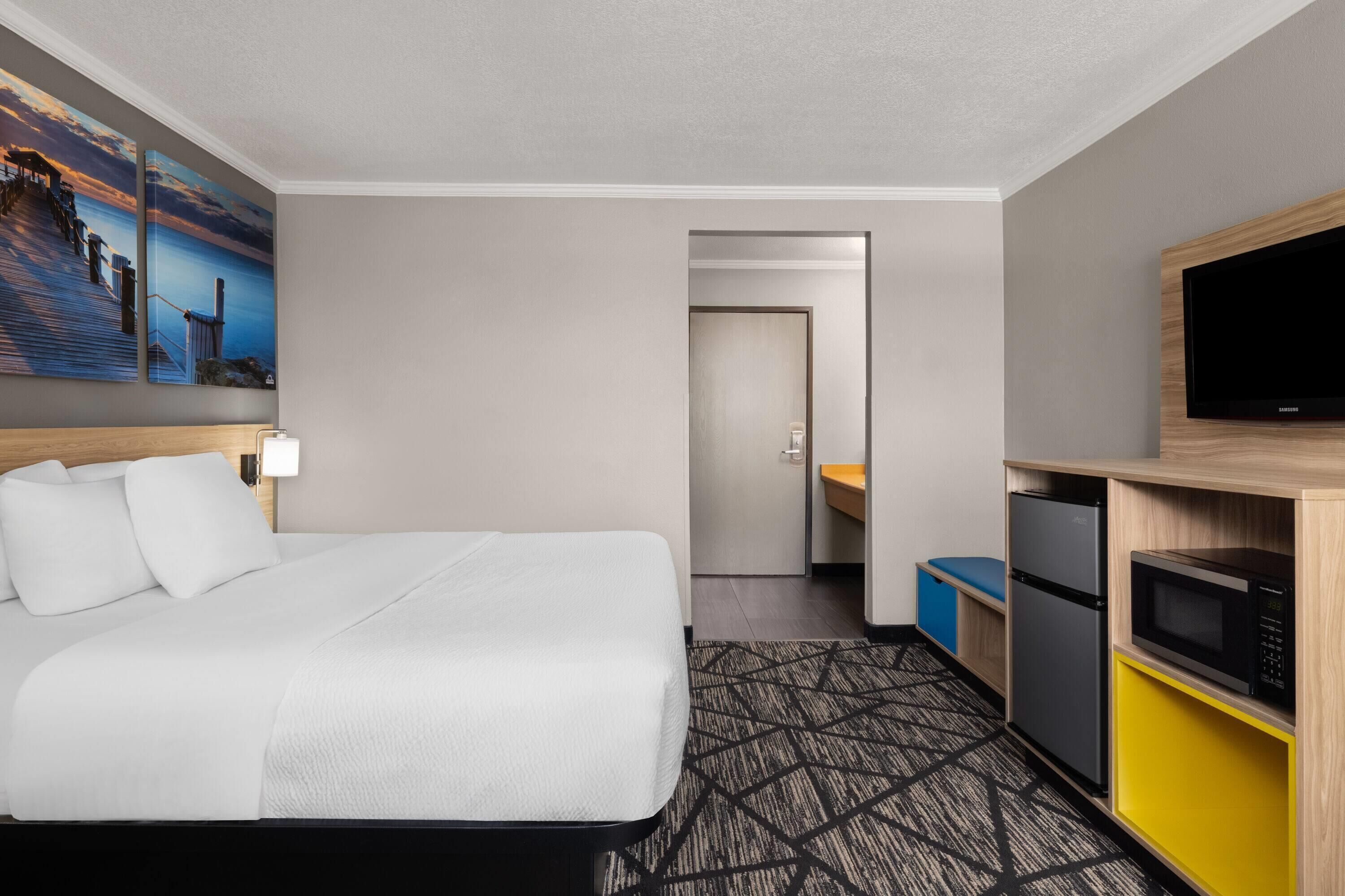 A hotel room with a bed, a television, a microwave, and a refrigerator.
