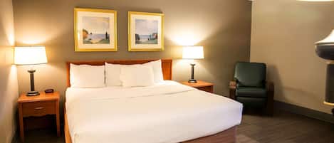 Hypo-allergenic bedding, pillowtop beds, desk, laptop workspace