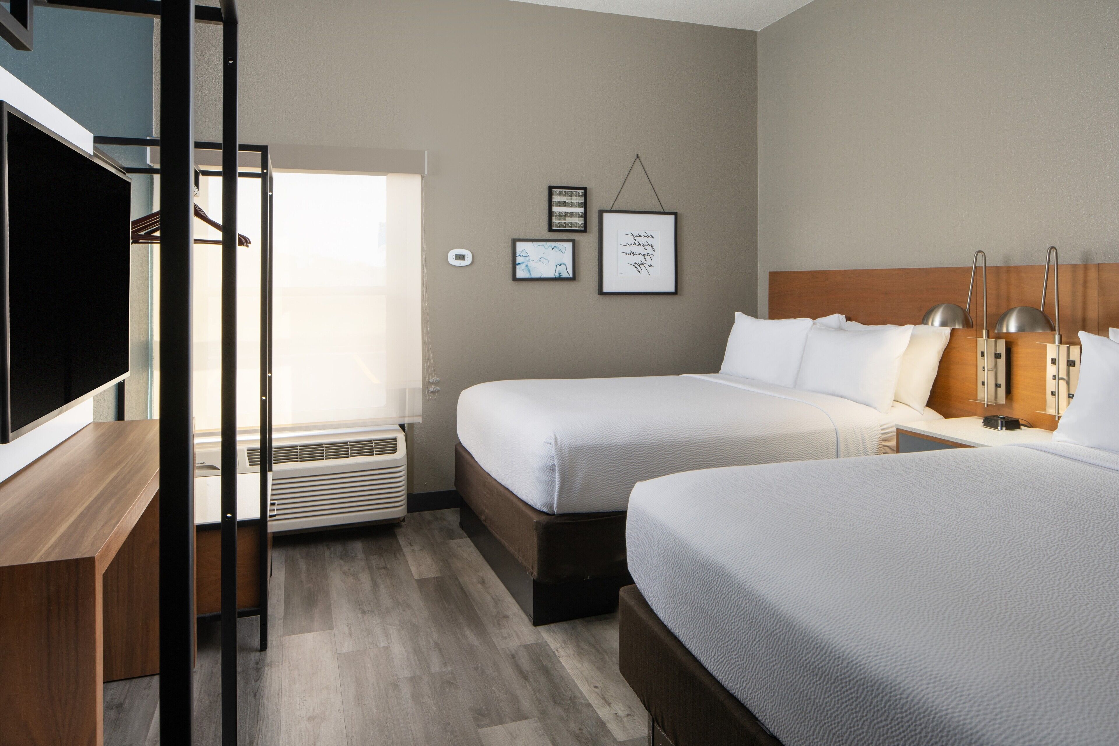 Room, 2 Double Beds (Mobility/Hearing Access, Roll-in Shwr) | Premium bedding, desk, blackout drapes, iron/ironing board