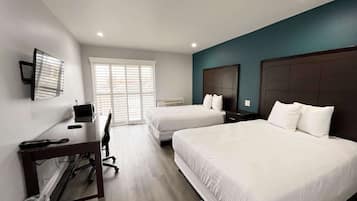 Desk, laptop workspace, free WiFi, bed sheets