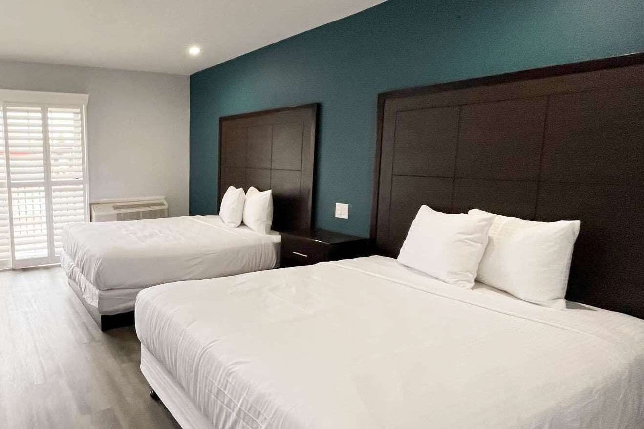 A hotel room with two beds, a dark headboard, and a window with blinds.