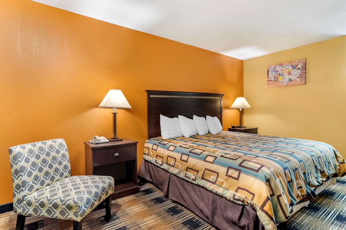 Una habitación de hotel con una cama grande, dos mesitas de noche con lámparas, un sillón estampado y un mapa mural.
