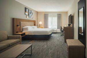 Una habitación de hotel con cama, escritorio, silla, sofá, televisor y espejo.