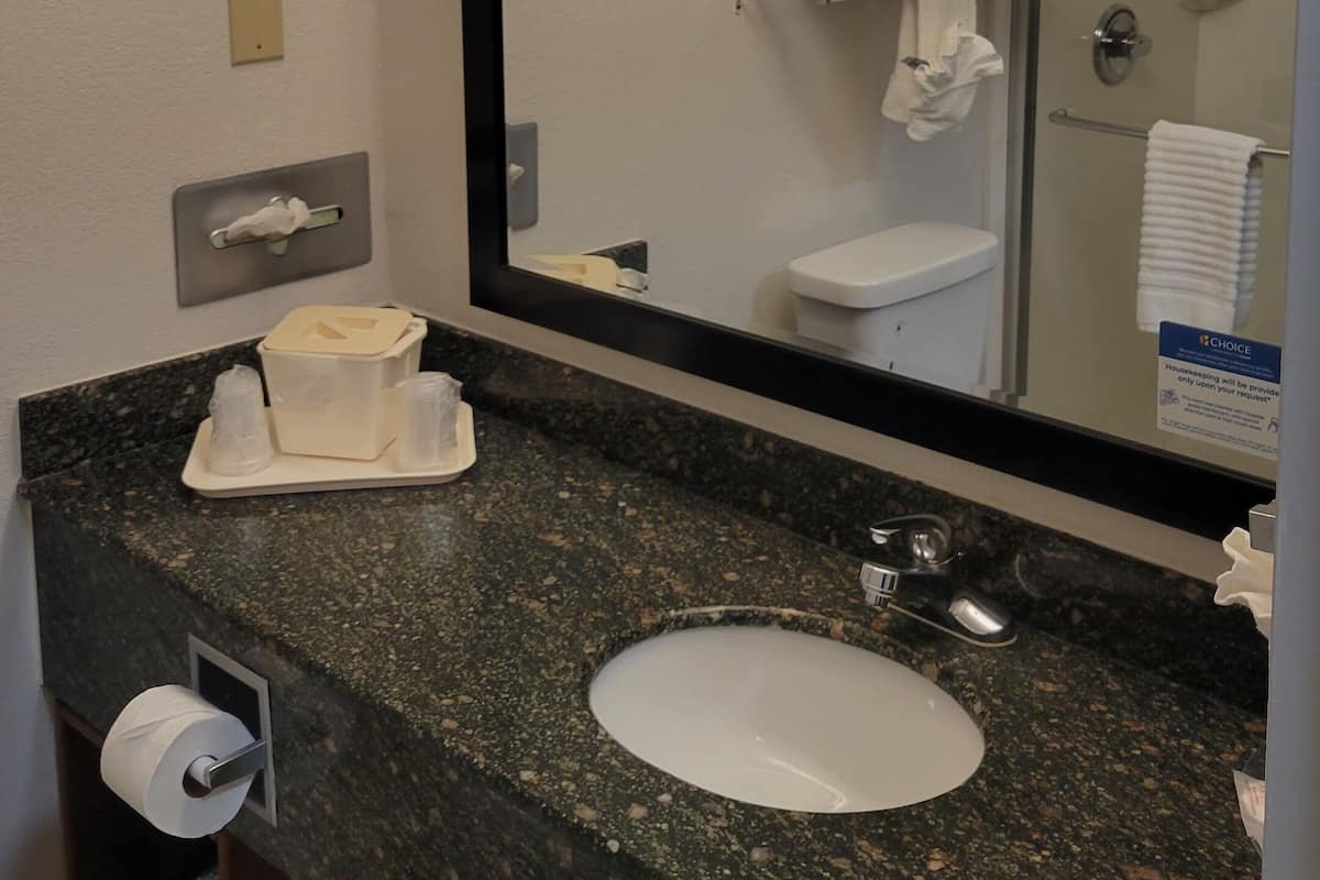 Un baño con encimera de granito, un lavabo blanco, un espejo grande y un perchero para toallas.