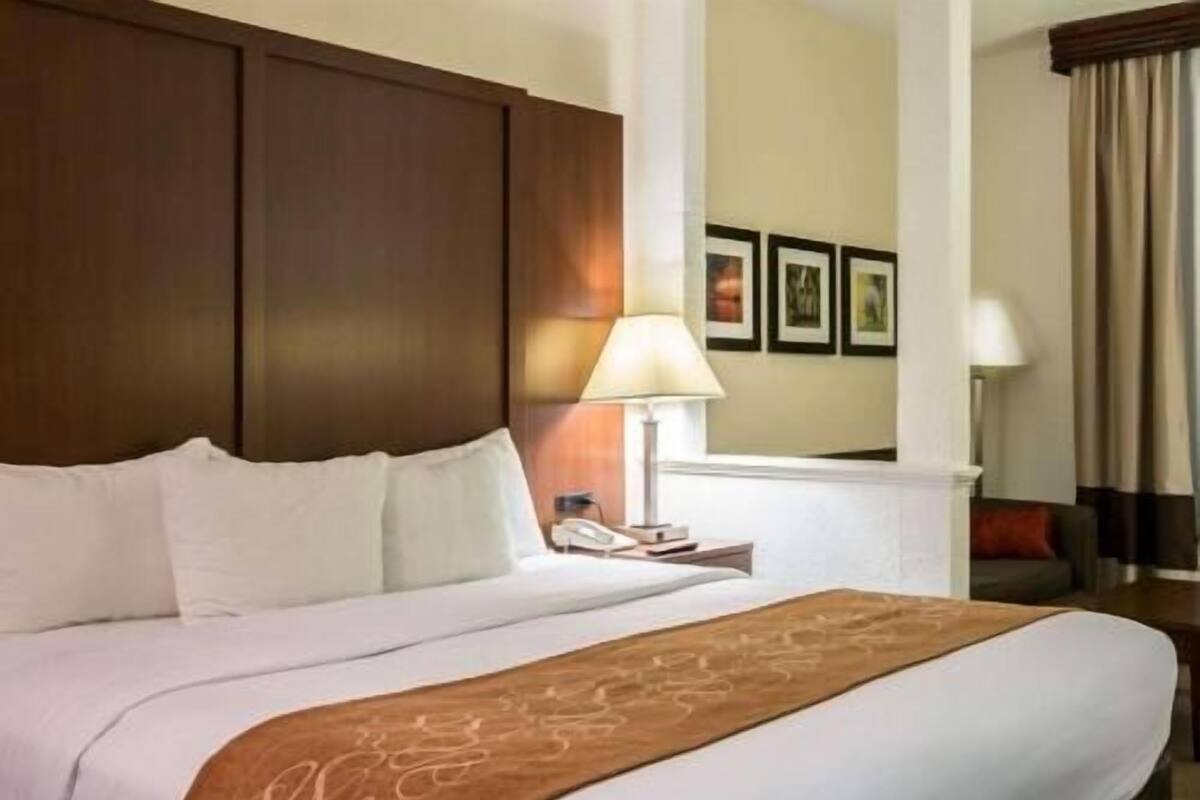 Habitación de hotel con una cama grande, una mesita de noche con lámpara, teléfono y cuadros en la pared.