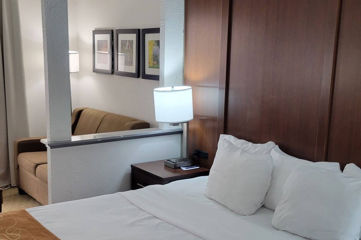 Una habitación de hotel con una cama grande, una mesita de noche con lámpara, un sofá y cuadros en la pared.