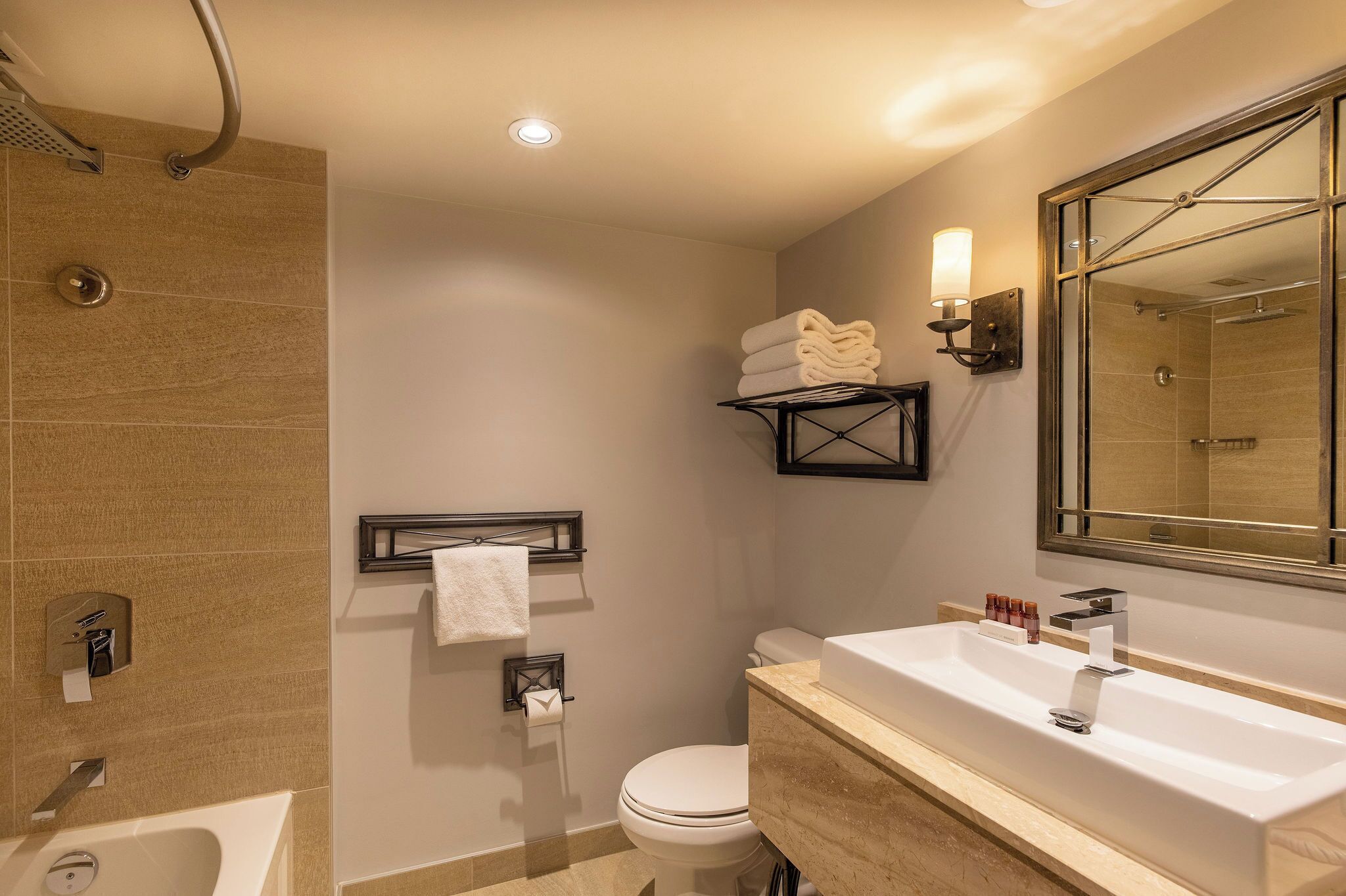 comfort room, 2 queen beds | bathroom | shower, hydromassage showerhead, free toiletries, hair dryer