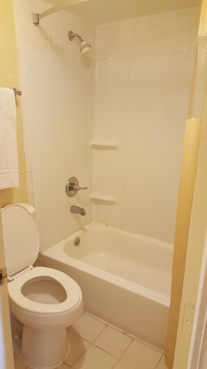 Combined shower/tub, hair dryer, towels