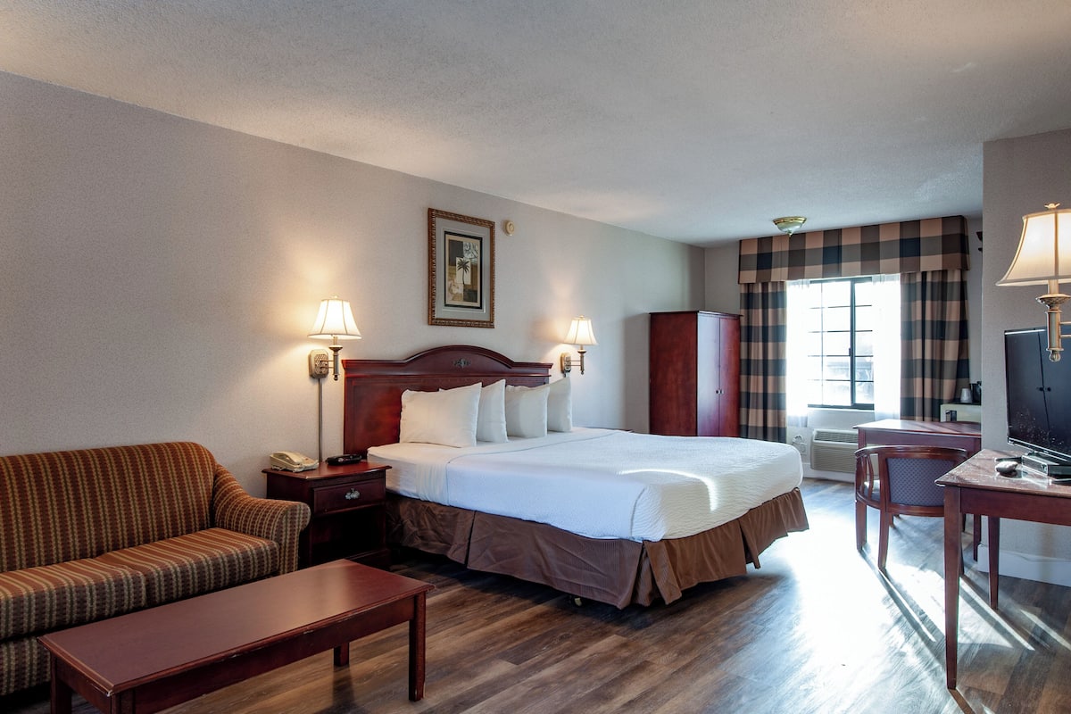 Una habitación de hotel con cama, sofá, escritorio y silla.