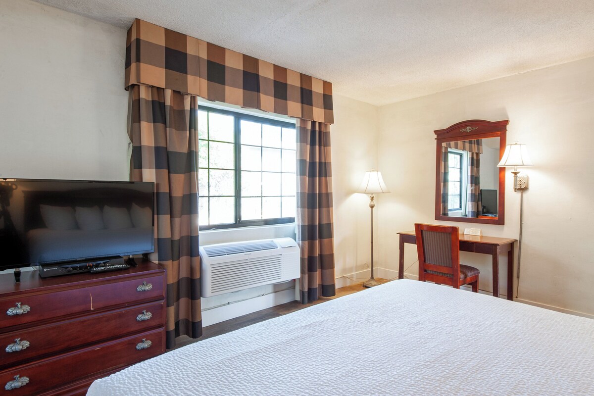 A hotel room with a bed, a TV on a dresser, a desk with a chair, a mirror, and a window with curtains.