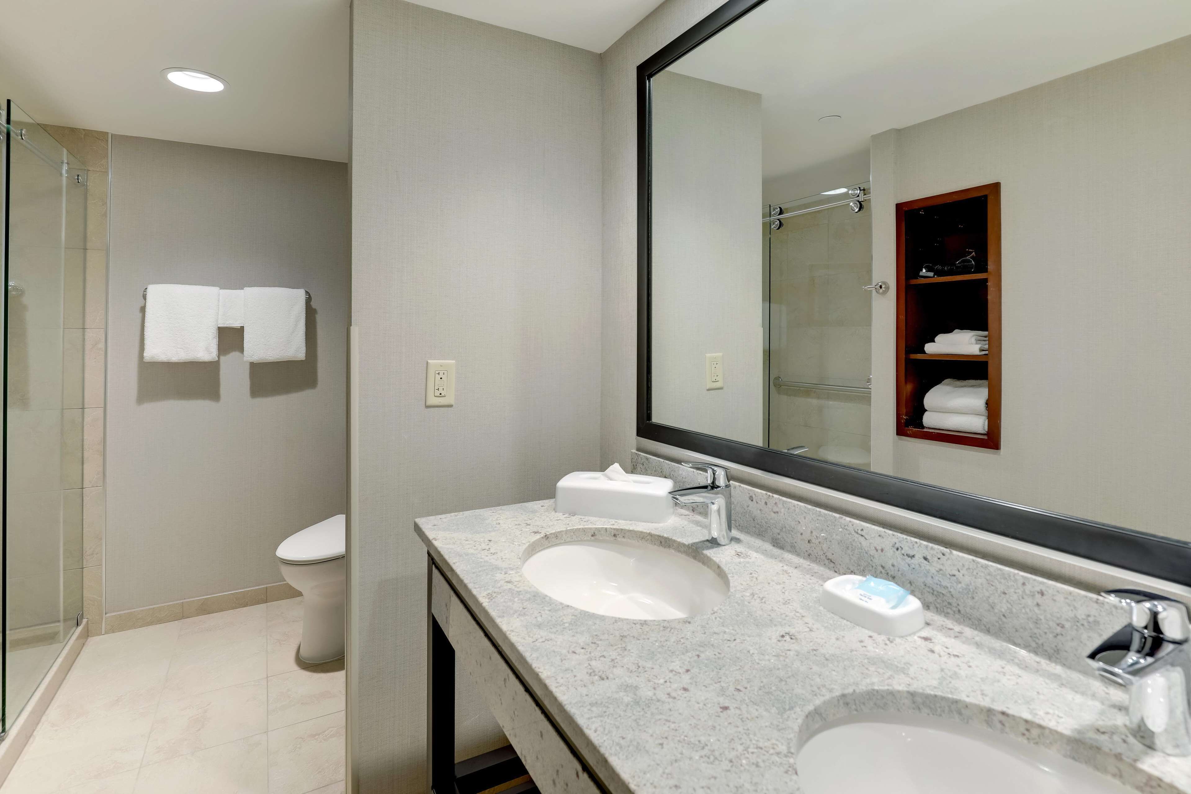 combined shower/bathtub, free toiletries, hair dryer, towels