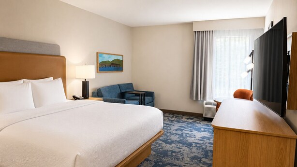 Una habitación de hotel con una cama grande, un escritorio, una silla, un televisor y un cuadro en la pared.