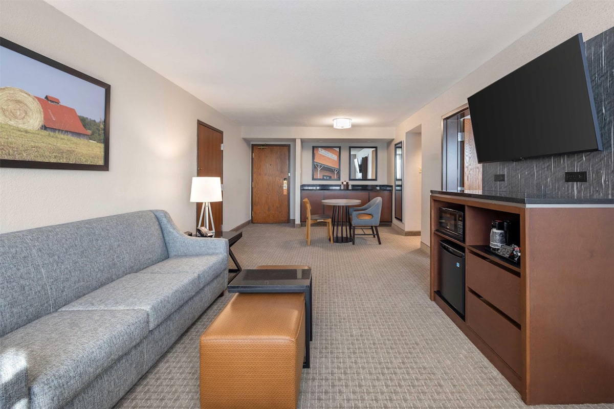 1 bedroom, desk, blackout curtains, iron/ironing board