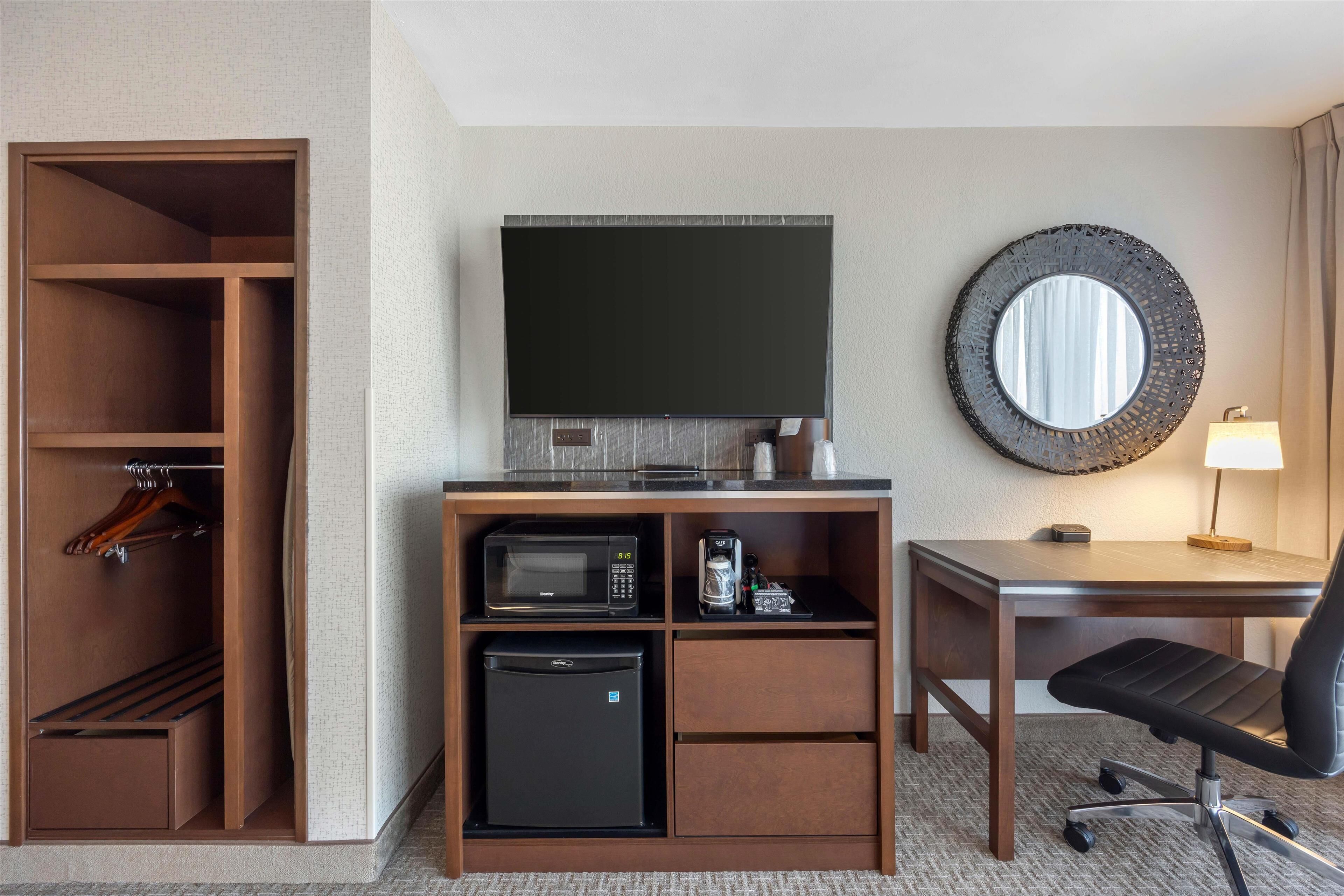 1 bedroom, desk, blackout curtains, iron/ironing board