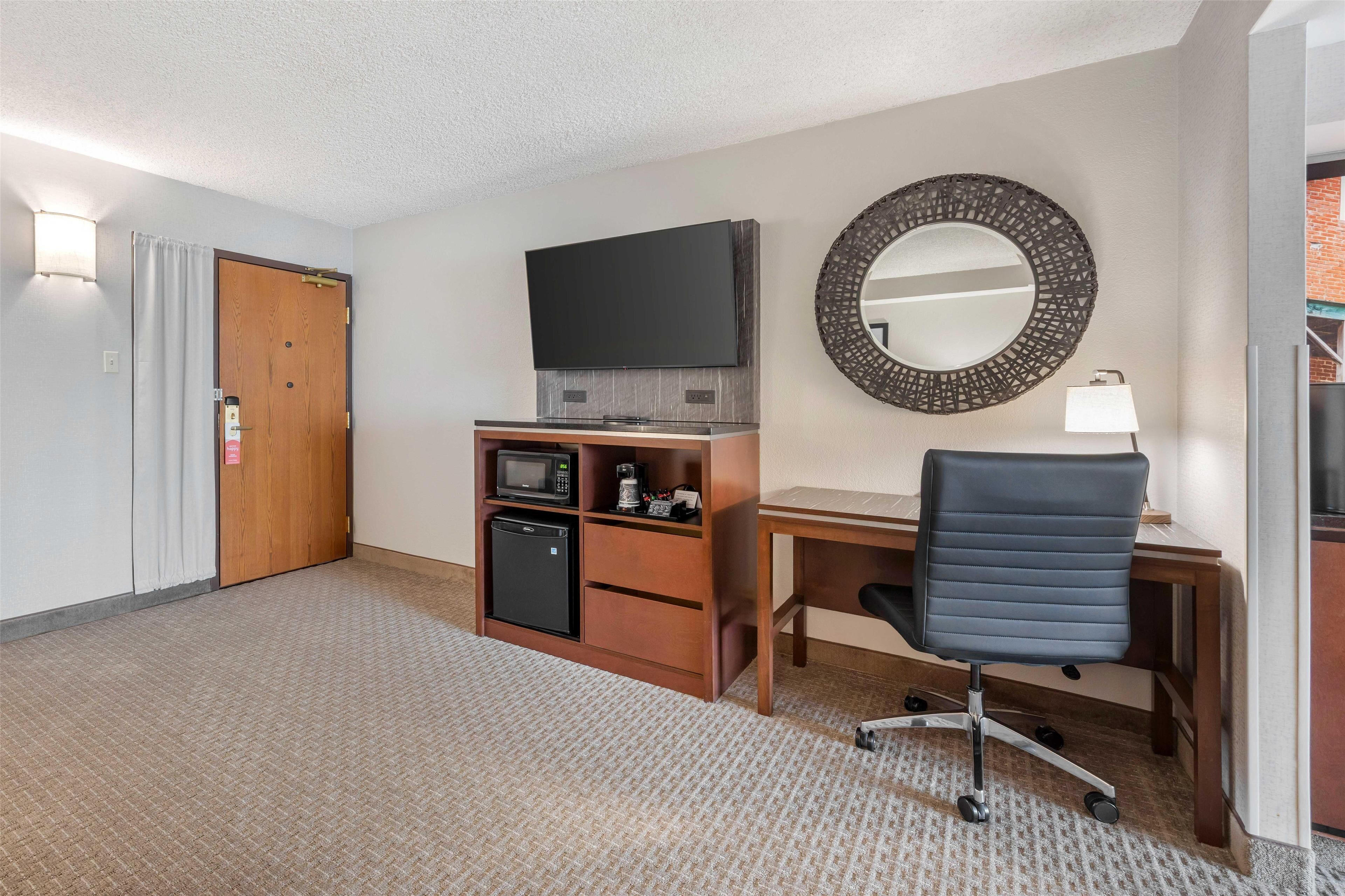 1 bedroom, desk, blackout curtains, iron/ironing board