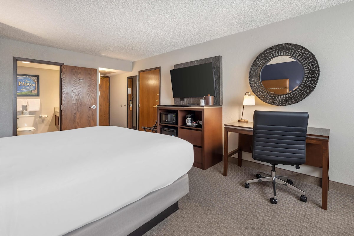 Habitación de hotel con una cama grande, un escritorio con silla, televisor de pantalla plana, microondas y cafetera.