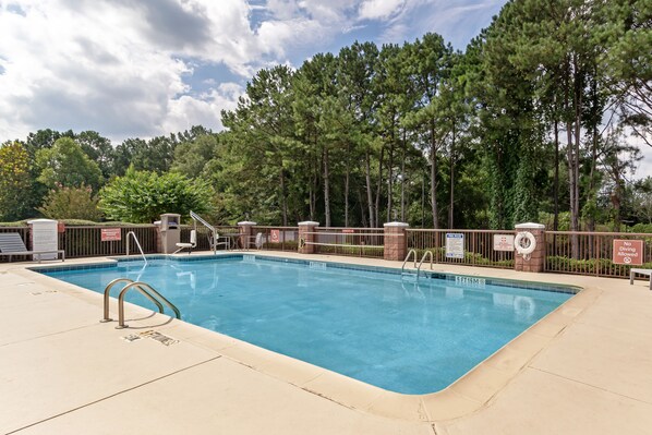 Seasonal outdoor pool, pool umbrellas, pool loungers
