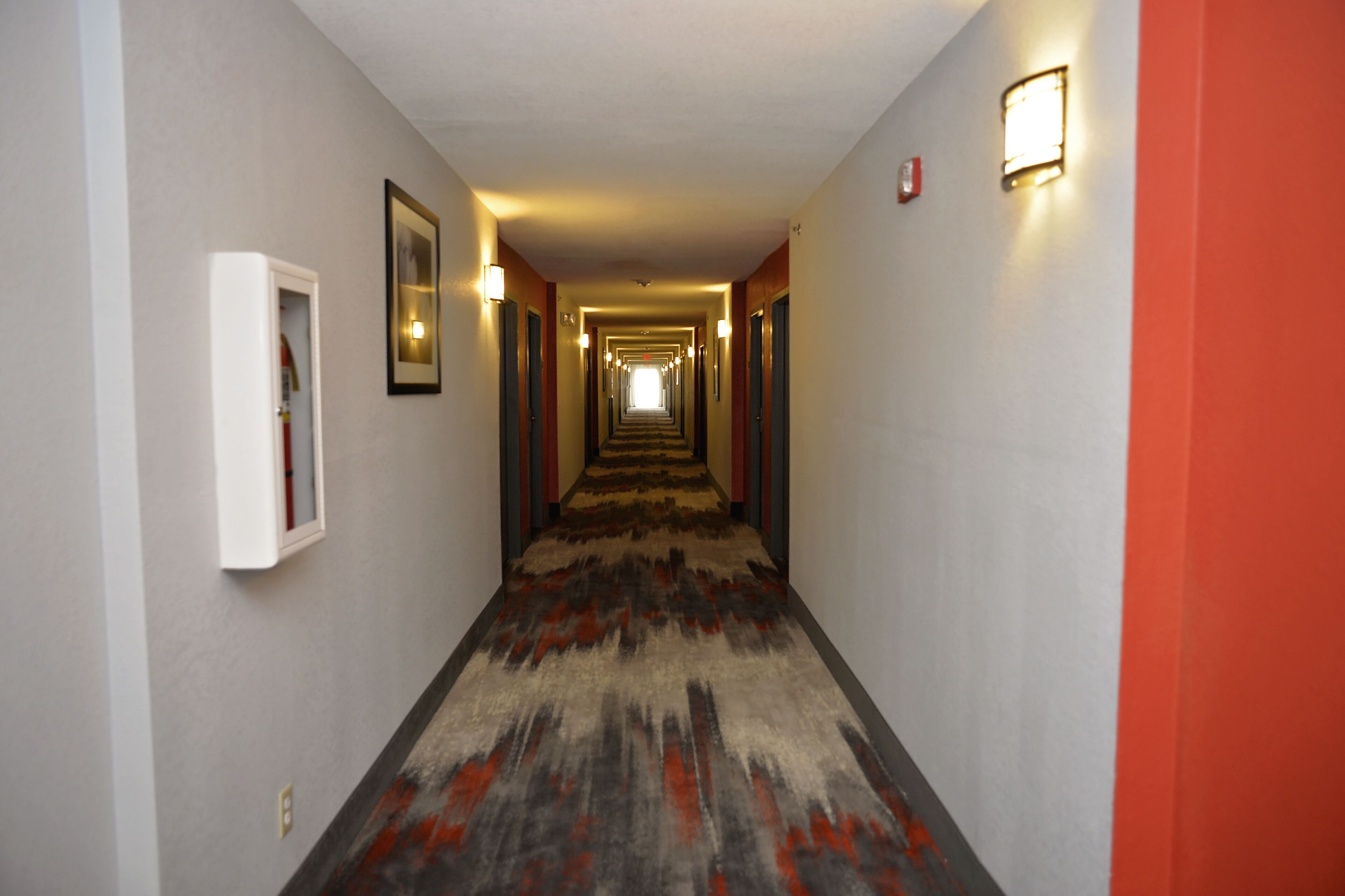 A hotel hallway with a carpeted floor, light-colored walls, and a red accent wall.