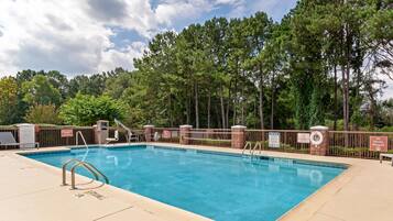 Seasonal outdoor pool, pool umbrellas, pool loungers